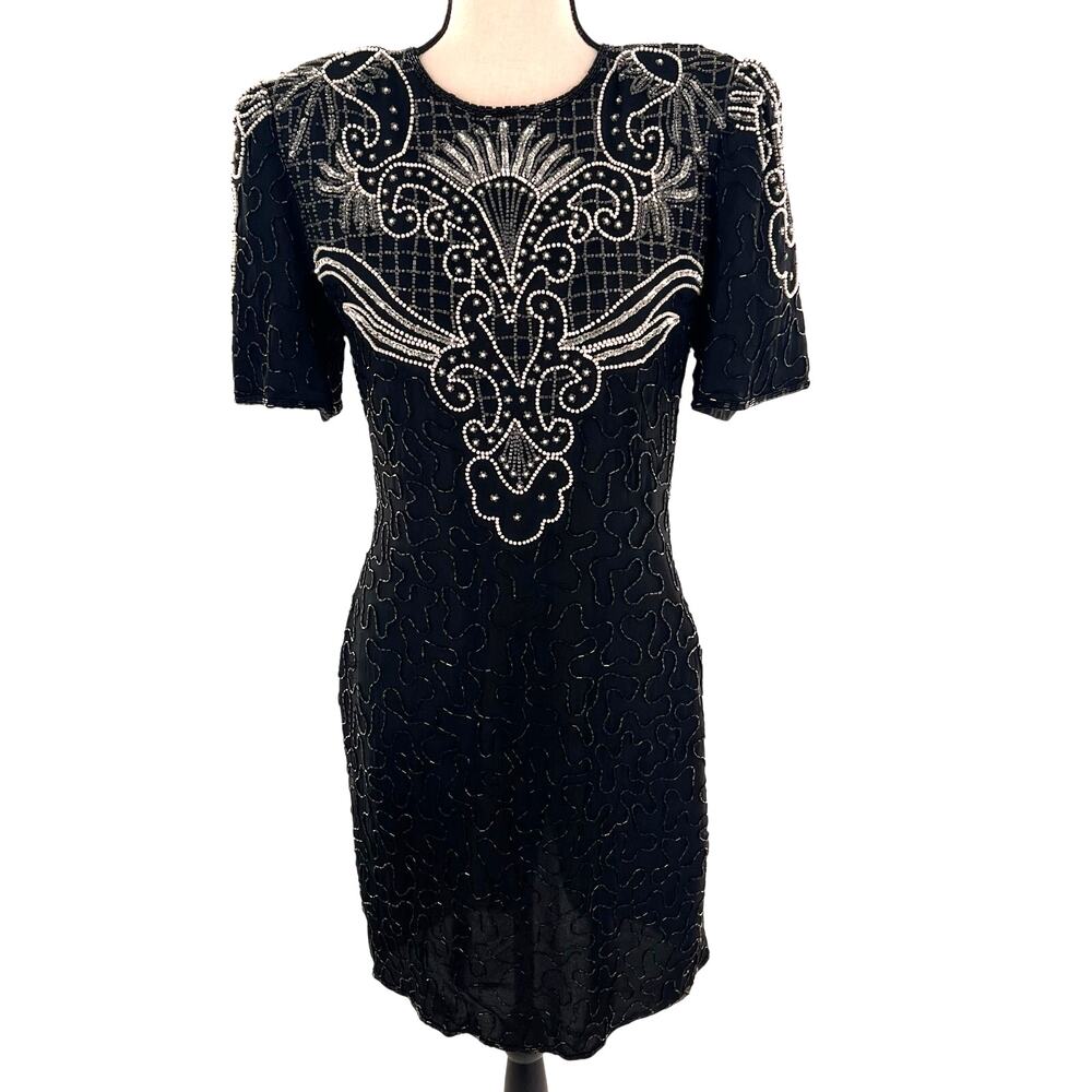 Vintage women's Laurence Kazar NY black beaded coctail evening dress Petite Med